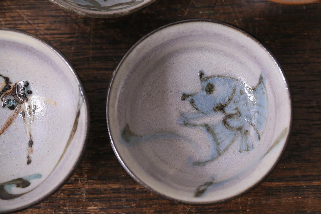 レトロ雑貨　箱付き　三浦小平　無名異焼　5種(猪口、杯、盃)(R-040503)