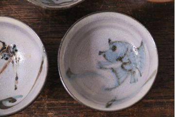 レトロ雑貨　箱付き　三浦小平　無名異焼　5種(猪口、杯、盃)(R-040503)