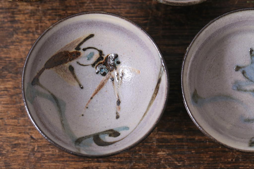 レトロ雑貨　箱付き　三浦小平　無名異焼　5種(猪口、杯、盃)(R-040503)