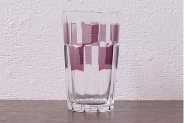 アンティーク雑貨　昭和初期　古い紫被せ切子グラス　ソーサー付き6客セット　箱付(コップ、コースター、和ガラス)(R-040505)