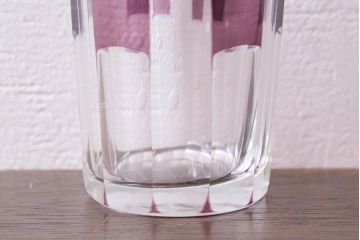 アンティーク雑貨　昭和初期　古い紫被せ切子グラス　ソーサー付き6客セット　箱付(コップ、コースター、和ガラス)(R-040505)