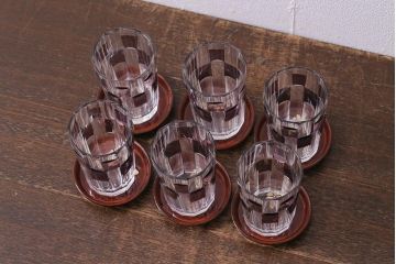 アンティーク雑貨　昭和初期　古い紫被せ切子グラス　ソーサー付き6客セット　箱付(コップ、コースター、和ガラス)(R-040505)