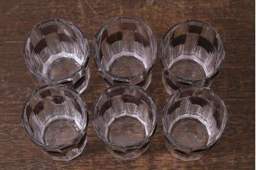 アンティーク雑貨　昭和初期　古い紫被せ切子グラス　ソーサー付き6客セット　箱付(コップ、コースター、和ガラス)(R-040505)