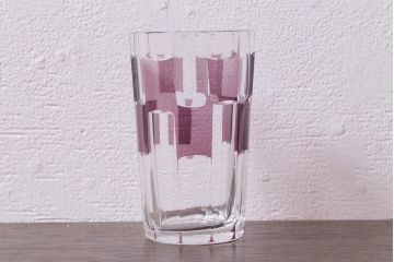 アンティーク雑貨　昭和初期　古い紫被せ切子グラス　ソーサー付き6客セット　箱付(コップ、コースター、和ガラス)(R-040505)