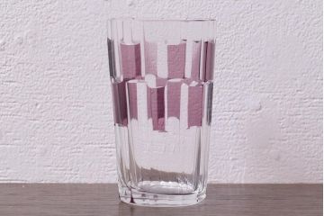 アンティーク雑貨　昭和初期　古い紫被せ切子グラス　ソーサー付き6客セット　箱付(コップ、コースター、和ガラス)(R-040505)