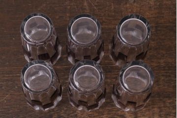 アンティーク雑貨　昭和初期　古い紫被せ切子グラス　ソーサー付き6客セット　箱付(コップ、コースター、和ガラス)(R-040505)