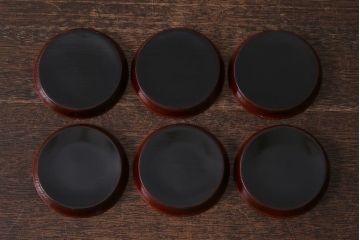 アンティーク雑貨　昭和初期　古い紫被せ切子グラス　ソーサー付き6客セット　箱付(コップ、コースター、和ガラス)(R-040505)