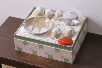 未使用品　昭和中期　古いノリタケ(Noritake、日陶)　急須・湯呑6客・菓子鉢セット　箱付(湯のみ、茶器揃)(R-040507)
