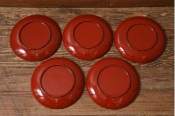 古民具　大正昭和初期　輪島塗　松竹梅　沈金蒔絵菓子皿5枚セット(菓子盆、漆器、木製皿)(R-040508)