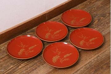 古民具　大正昭和初期　輪島塗　松竹梅　沈金蒔絵菓子皿5枚セット(菓子盆、漆器、木製皿)(R-040508)