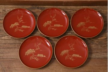 古民具　大正昭和初期　輪島塗　松竹梅　沈金蒔絵菓子皿5枚セット(菓子盆、漆器、木製皿)(R-040508)