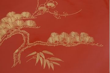 古民具　大正昭和初期　輪島塗　松竹梅　沈金蒔絵菓子皿3枚セット(菓子盆、漆器、木製皿)(R-040509)
