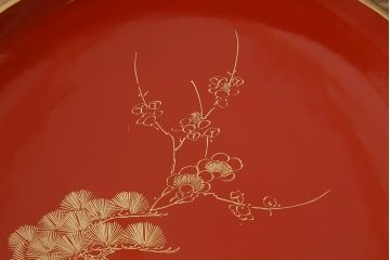 古民具　大正昭和初期　輪島塗　松竹梅　沈金蒔絵菓子皿3枚セット(菓子盆、漆器、木製皿)(R-040509)