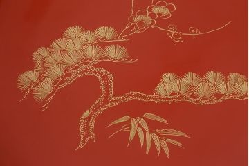 古民具　大正昭和初期　輪島塗　松竹梅　沈金蒔絵菓子皿3枚セット(菓子盆、漆器、木製皿)(R-040509)