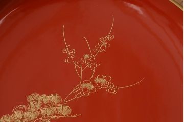 古民具　大正昭和初期　輪島塗　松竹梅　沈金蒔絵菓子皿3枚セット(菓子盆、漆器、木製皿)(R-040510)