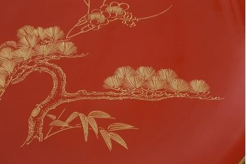 古民具　大正昭和初期　輪島塗　松竹梅　沈金蒔絵菓子皿3枚セット(菓子盆、漆器、木製皿)(R-040510)
