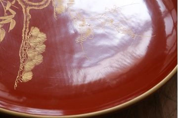 古民具　大正昭和初期　輪島塗　松竹梅　沈金蒔絵菓子皿3枚セット(菓子盆、漆器、木製皿)(R-040510)