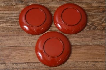 古民具　大正昭和初期　輪島塗　松竹梅　沈金蒔絵菓子皿3枚セット(菓子盆、漆器、木製皿)(R-040510)