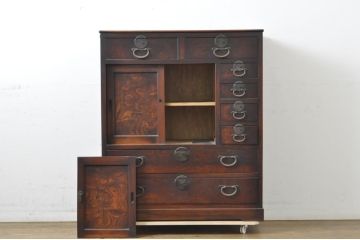 アンティーク家具　三方ケヤキ材　高級感漂う上手物の帳場箪笥(キャビネット、戸棚)(R-040542)