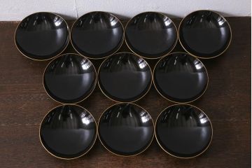 古民具　大正昭和初期　黒漆鶴蒔絵蓋付木製椀10客セット(お椀、漆器)(R-040548)