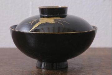 古民具　大正昭和初期　黒漆鶴蒔絵蓋付木製椀10客セット(お椀、漆器)(R-040548)