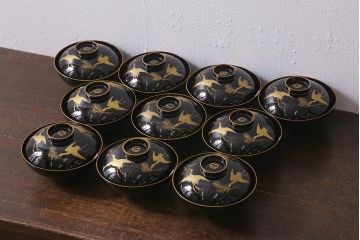 古民具　大正昭和初期　黒漆鶴蒔絵蓋付木製椀10客セット(お椀、漆器)(R-040548)