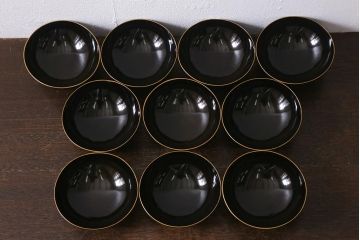 古民具　大正昭和初期　黒漆鶴蒔絵蓋付木製椀10客セット(お椀、漆器)(R-040548)