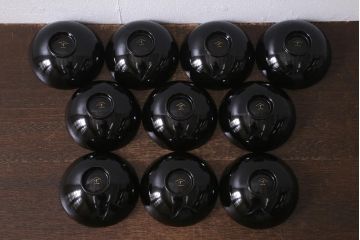 古民具　大正昭和初期　黒漆鶴蒔絵蓋付木製椀10客セット(お椀、漆器)(R-040548)