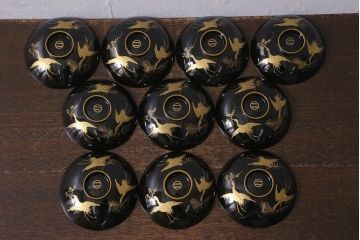 古民具　大正昭和初期　黒漆鶴蒔絵蓋付木製椀10客セット(お椀、漆器)(R-040548)