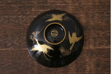 古民具　大正昭和初期　黒漆鶴蒔絵蓋付木製椀10客セット(お椀、漆器)(R-040548)