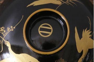 古民具　大正昭和初期　黒漆鶴蒔絵蓋付木製椀10客セット(お椀、漆器)(R-040548)