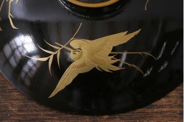 古民具　大正昭和初期　黒漆鶴蒔絵蓋付木製椀10客セット(お椀、漆器)(R-040548)