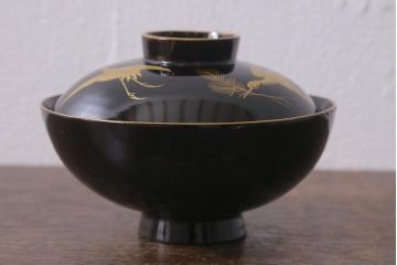 古民具　大正昭和初期　黒漆鶴蒔絵蓋付木製椀10客セット(お椀、漆器)(R-040548)
