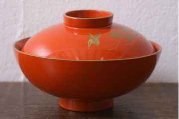 アンティーク雑貨　大正昭和初期　朱塗り　鷹蒔絵　お椀10客セット(木製漆器、和食器)(R-040549)