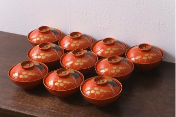 アンティーク雑貨　大正昭和初期　朱塗り　鶴蒔絵　お椀10客セット(木製漆器、和食器)(R-040550)
