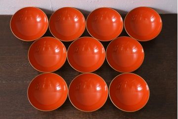 アンティーク雑貨　大正昭和初期　朱塗り　鶴蒔絵　お椀10客セット(木製漆器、和食器)(R-040550)