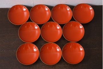 アンティーク雑貨　大正昭和初期　朱塗り　鶴蒔絵　お椀10客セット(木製漆器、和食器)(R-040550)
