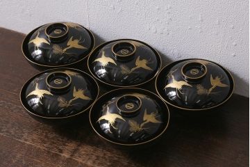 アンティーク雑貨　大正昭和初期　黒塗り　鶴蒔絵　お椀5客セット(木製漆器、和食器)(R-040551)