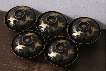 アンティーク雑貨　大正昭和初期　黒塗り　鶴蒔絵　お椀5客セット(木製漆器、和食器)(R-040551)