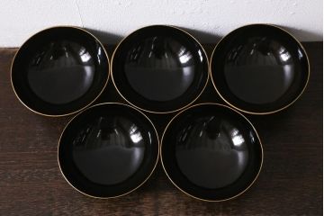 アンティーク雑貨　大正昭和初期　黒塗り　鶴蒔絵　お椀5客セット(木製漆器、和食器)(R-040551)