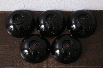 アンティーク雑貨　大正昭和初期　黒塗り　鶴蒔絵　お椀5客セット(木製漆器、和食器)(R-040551)