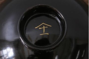 アンティーク雑貨　大正昭和初期　黒塗り　鶴蒔絵　お椀5客セット(木製漆器、和食器)(R-040551)