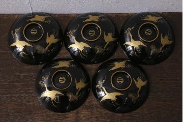 アンティーク雑貨　大正昭和初期　黒塗り　鶴蒔絵　お椀5客セット(木製漆器、和食器)(R-040551)