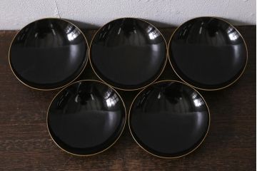アンティーク雑貨　大正昭和初期　黒塗り　鶴蒔絵　お椀5客セット(木製漆器、和食器)(R-040551)