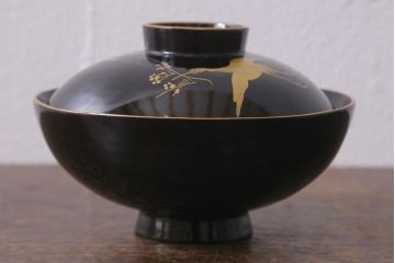 アンティーク雑貨　大正昭和初期　黒塗り　鶴蒔絵　お椀5客セット(木製漆器、和食器)(R-040551)
