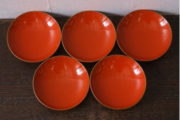 アンティーク雑貨　大正昭和初期　朱塗り　鶴蒔絵　お椀5客セット(木製漆器、和食器)(R-040552)