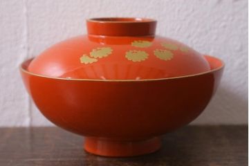 アンティーク雑貨　大正昭和初期　朱塗り　鶴蒔絵　お椀5客セット(木製漆器、和食器)(R-040552)