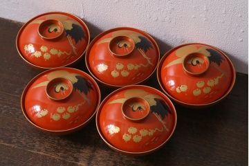 アンティーク雑貨　大正昭和初期　朱塗り　鶴蒔絵　お椀5客セット(木製漆器、和食器)(R-040553)