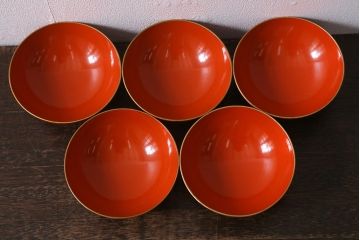 アンティーク雑貨　大正昭和初期　朱塗り　鶴蒔絵　お椀5客セット(木製漆器、和食器)(R-040554)