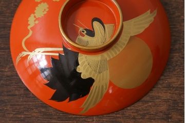アンティーク雑貨　大正昭和初期　朱塗り　鶴蒔絵　お椀5客セット(木製漆器、和食器)(R-040554)